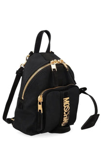 Moschino women’s zaino carry black mini backpack with gold-tone zippers and vertical moschino logo on front pocket