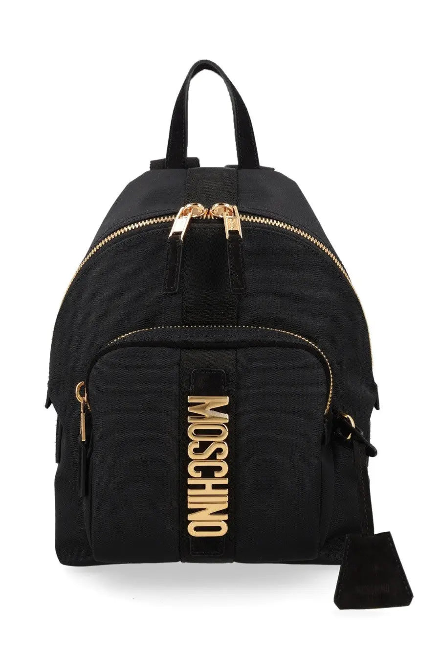 Moschino women’s zaino carry me medium black backpack with gold-tone zippers and vertical moschino logo plaque