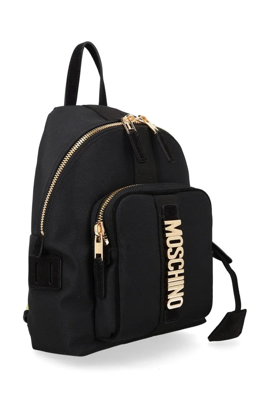 Moschino women’s zaino carry me medium black backpack with gold-tone zippers and vertical moschino logo patch