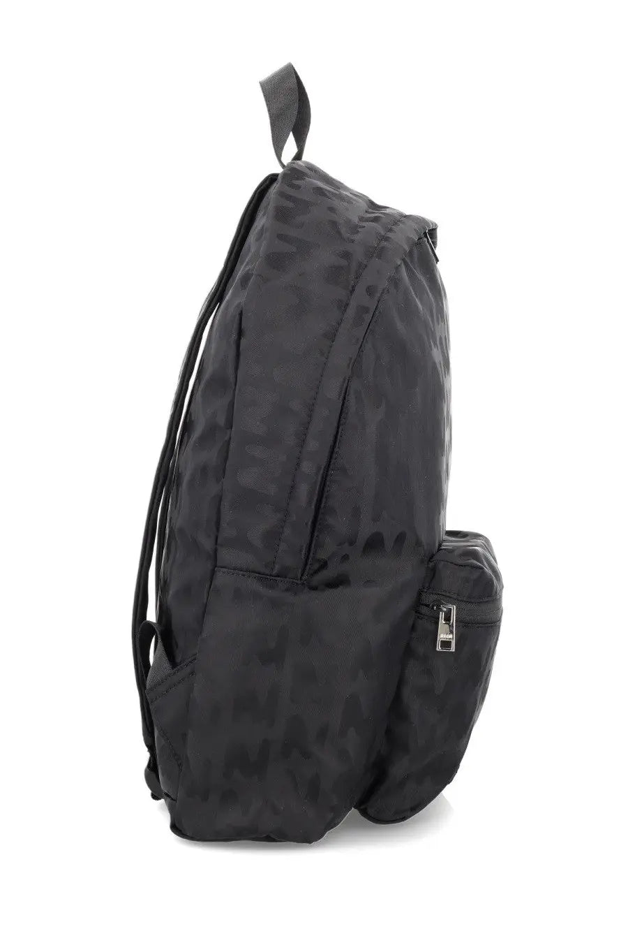 Msgm men’s backpack Mwave black nylon with black camouflage pattern side zip pocket and adjustable shoulder straps