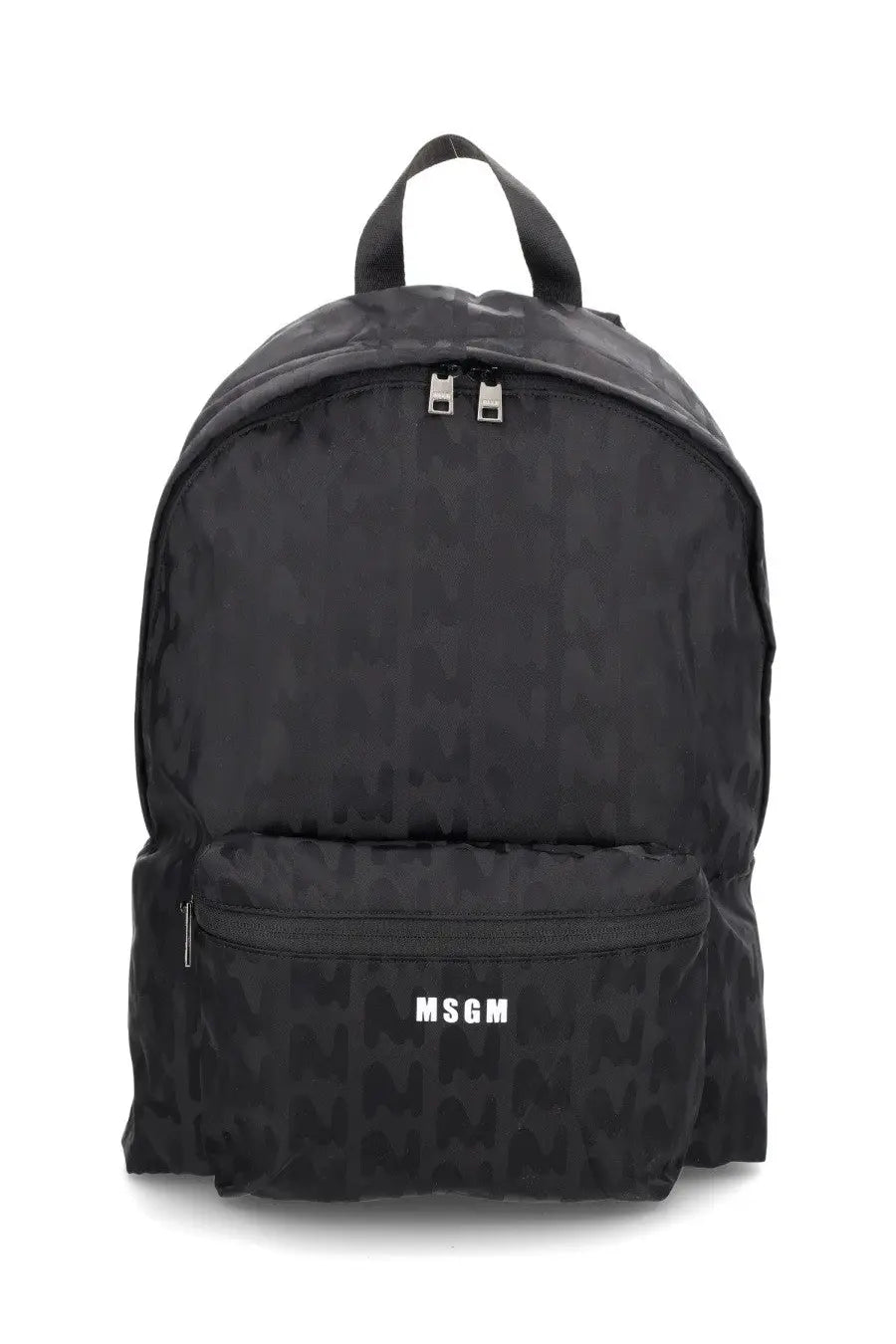 Msgm men’s black backpack with subtle repeating logo pattern and silver-toned zippers for everyday use