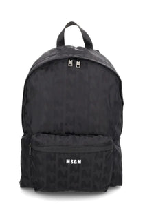 Msgm men’s black backpack with subtle repeating logo pattern and silver-toned zippers for everyday use
