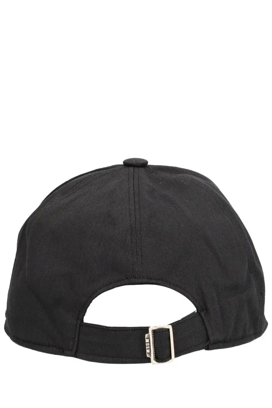 Msgm men’s black baseball cap with adjustable strap and silver-tone buckle shown from the back side