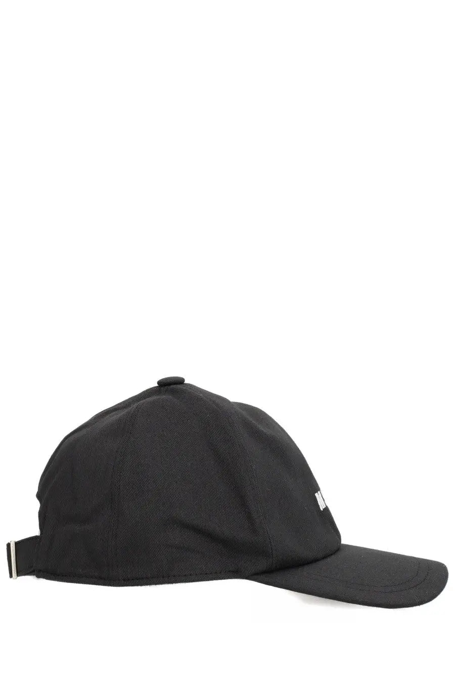 Msgm men’s baseball cap black with subtle white logo on front and striped adjustment strap at back