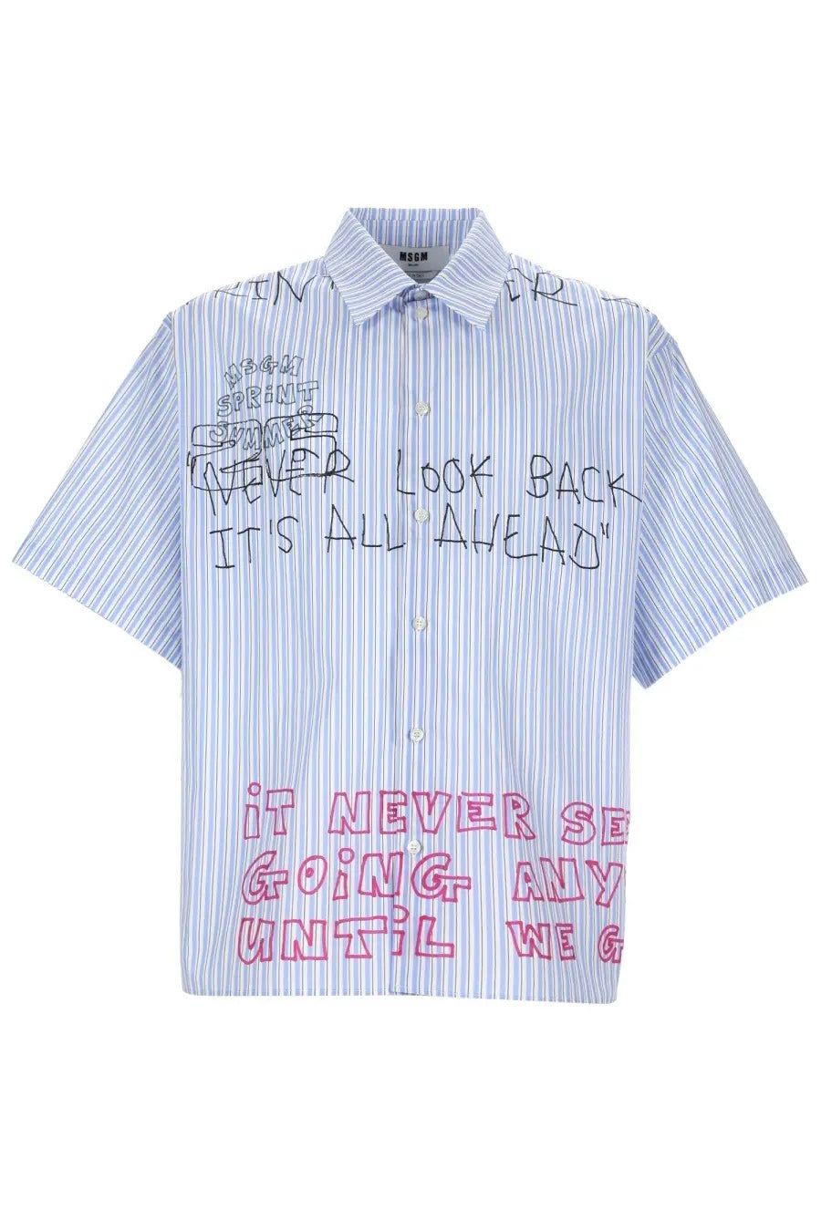 Msgm men’s camicia con stampa blue short-sleeved button-up shirt with blue white stripes and handwritten black pink text