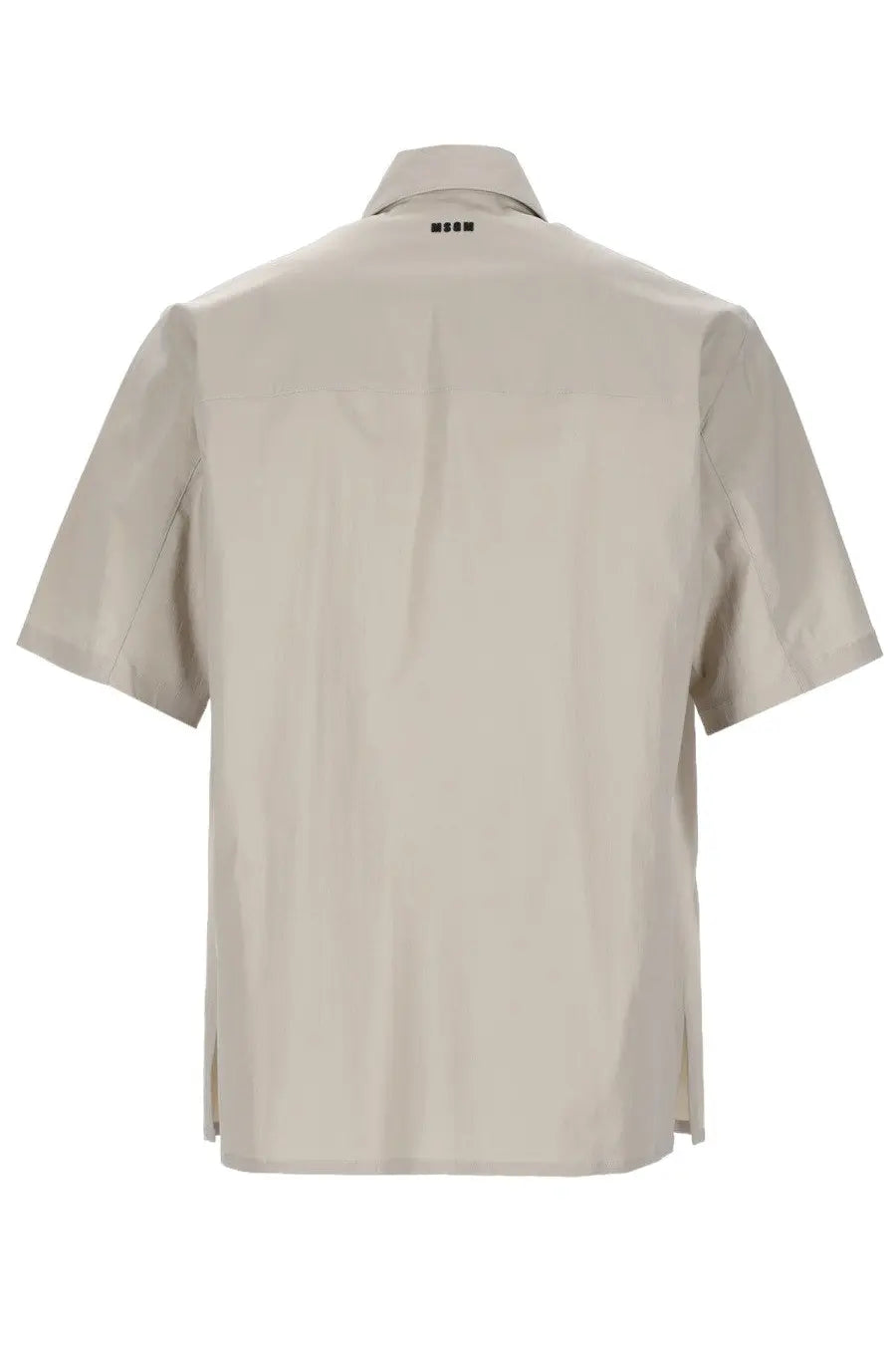 Beige short-sleeved button-up cotton shirt with subtle collar and minimalist branding at the neckline by MSGM men