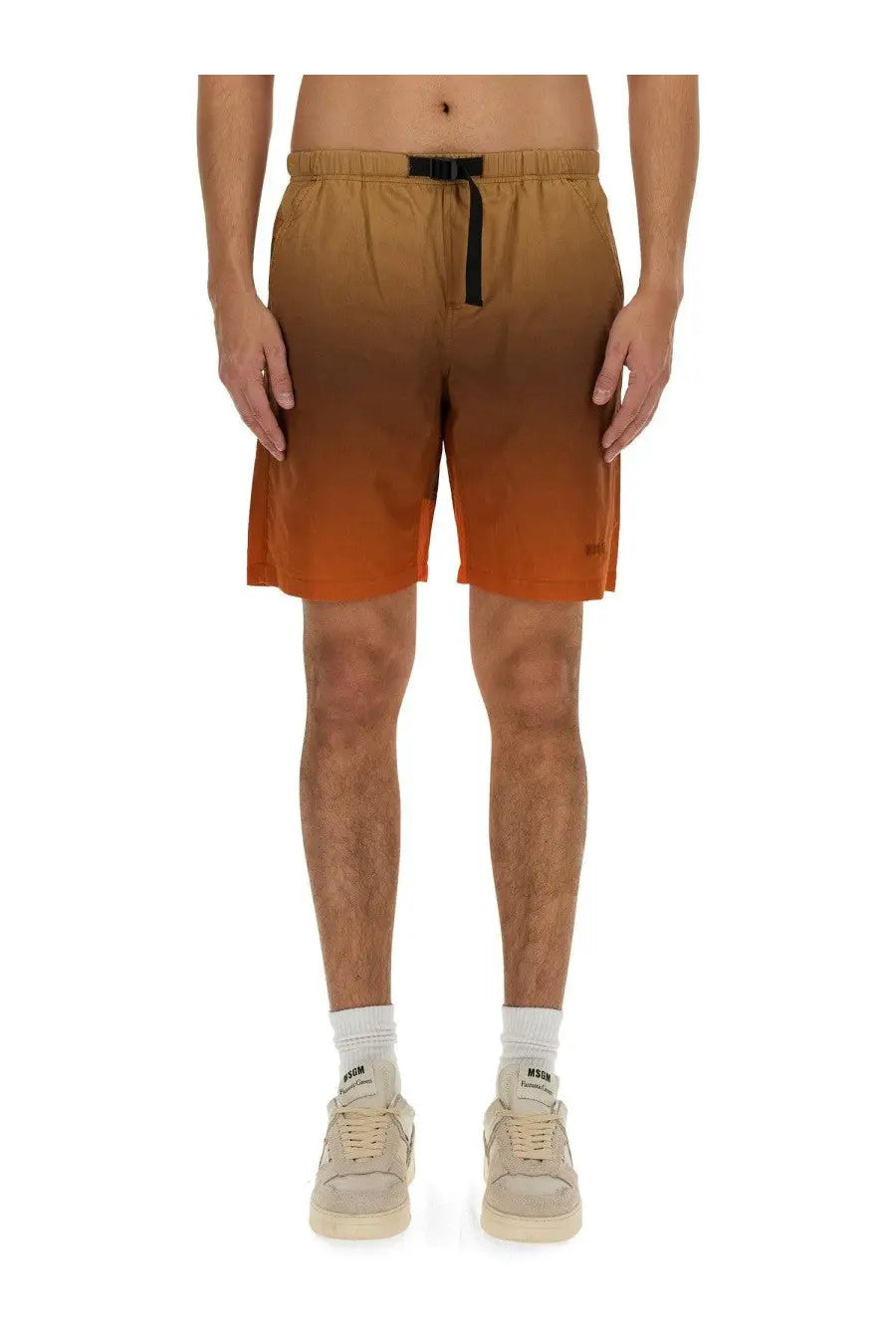 Msgm men’s cotton bermuda shorts in tan to orange gradient with black drawstring waistband for casual wear
