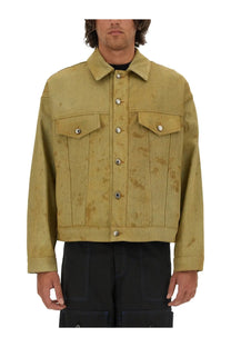 Msgm men’s mustard-yellow distressed denim jacket with silver buttons and two chest pockets dyed in tea blue