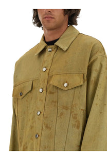 Olive-green distressed denim jacket with silver-toned buttons and flap pockets in MSGM men’s tea blue dye