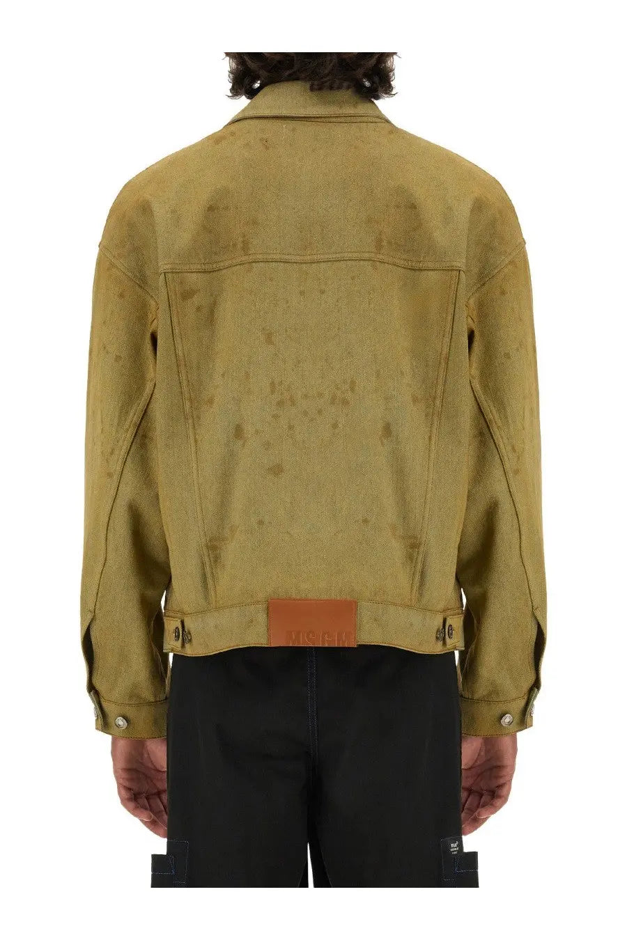 Olive green distressed denim jacket with tan leather patch at waistband by MSGM dyed in tea blue