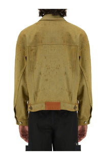 Olive green distressed denim jacket with tan leather patch at waistband by MSGM dyed in tea blue
