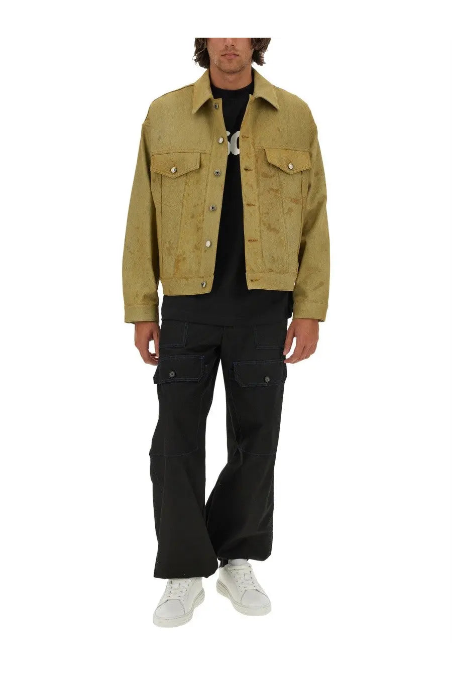 Olive green suede jacket with two chest pockets and button closures from msgm men’s denim jacket dyed in tea blue collection
