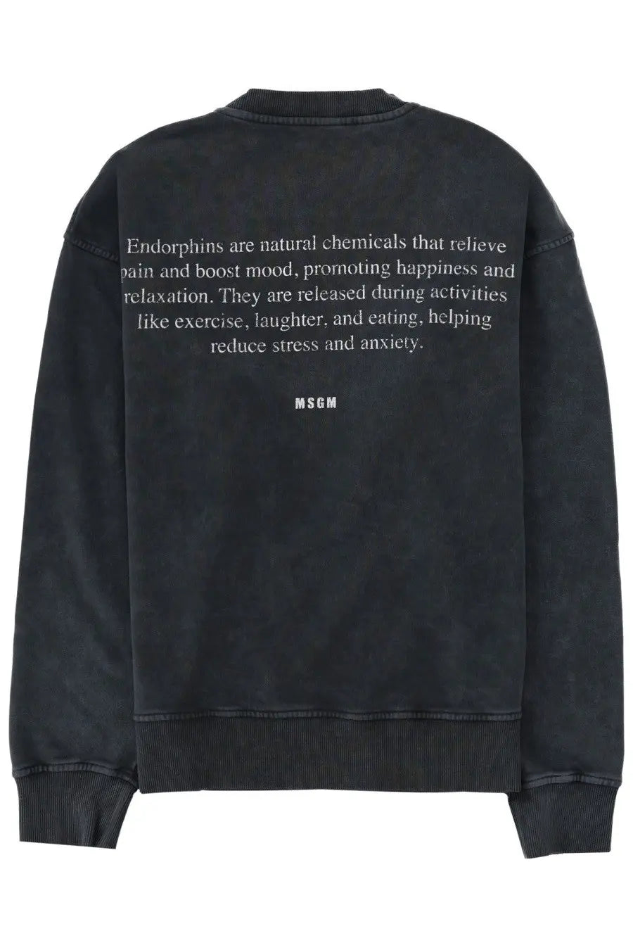 Back of black oversized MSGM mens sweatshirt with white endorphins text print in cotton blend material