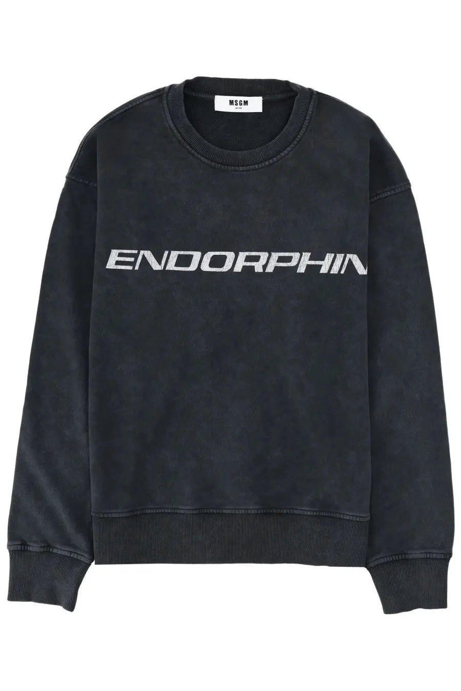 Black MSGM men’s sweatshirt with white endorphin graphic across chest in soft grey fabric for casual wear