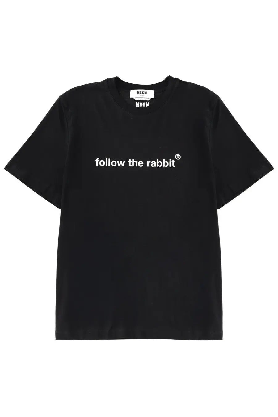 Msgm men’s black short-sleeved cotton t-shirt with white follow the rabbit text and small brand tag at neckline