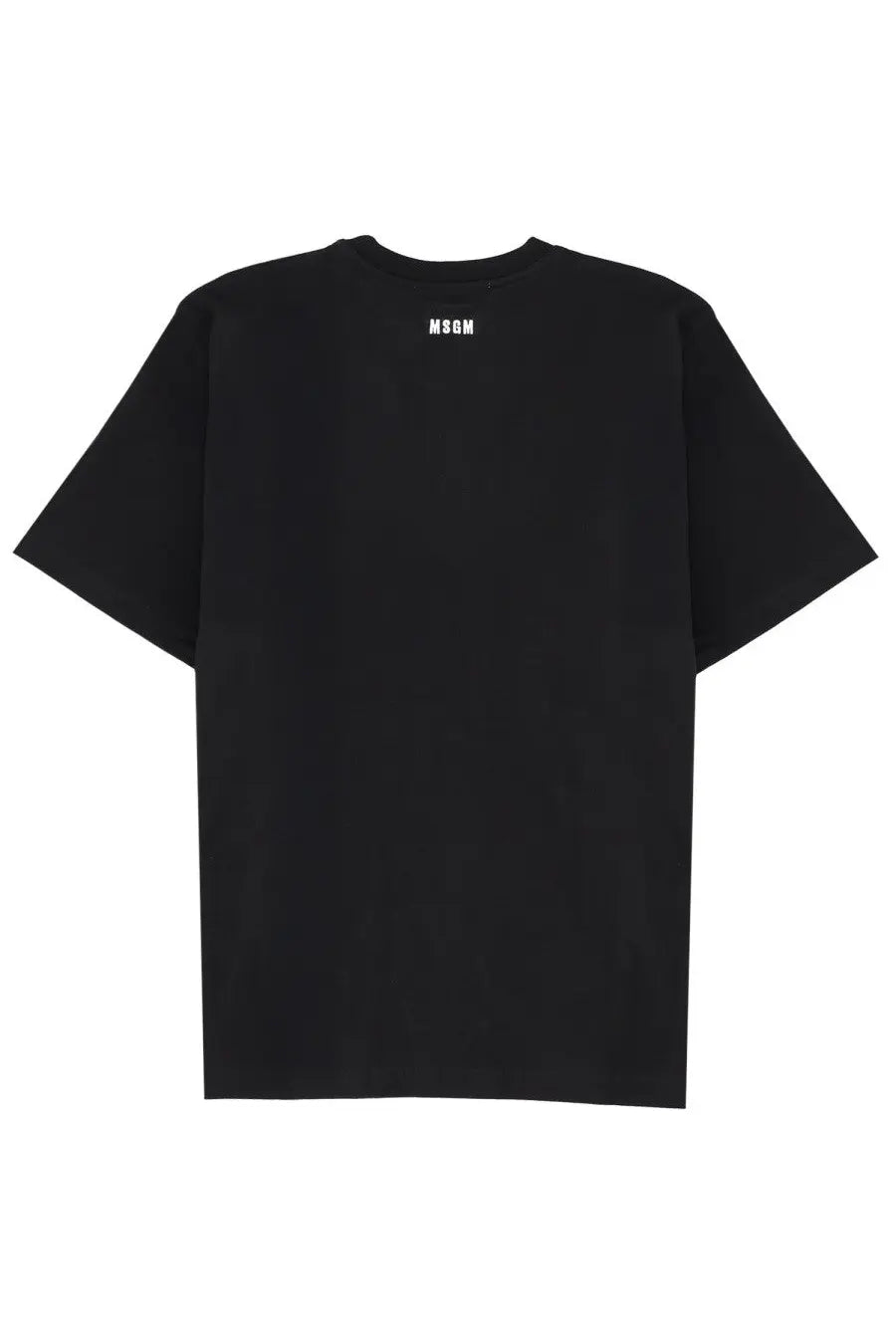 Black msgm men’s follow the rabbit t-shirt with minimalist white logo at the neckline in soft cotton fabric