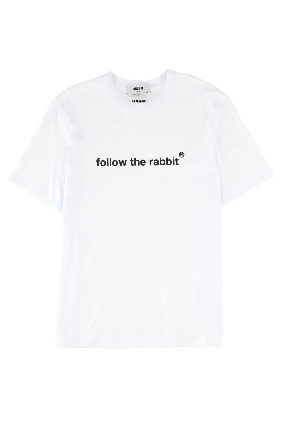 White cotton MSGM men’s t-shirt with black follow the rabbit text printed across the chest