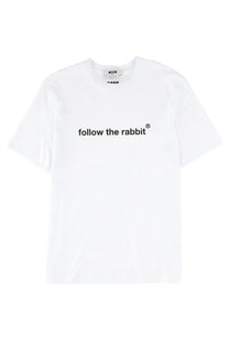 White cotton MSGM men’s t-shirt with black follow the rabbit text printed across the chest