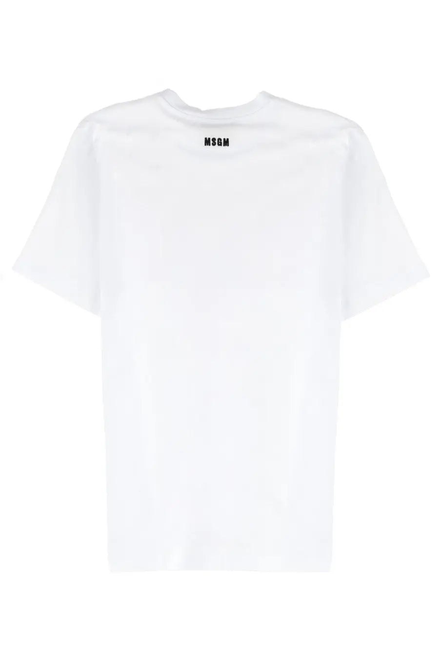 White MSGM men’s short-sleeved cotton shirt with minimalist black logo at the neckline in follow the rabbit style