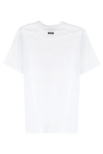 White MSGM men’s short-sleeved cotton shirt with minimalist black logo at the neckline in follow the rabbit style