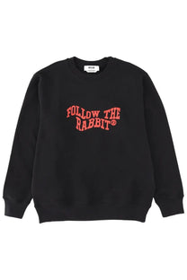 Msgm men’s black sweatshirt featuring red follow the rabbit lettering across the chest in cotton blend fabric