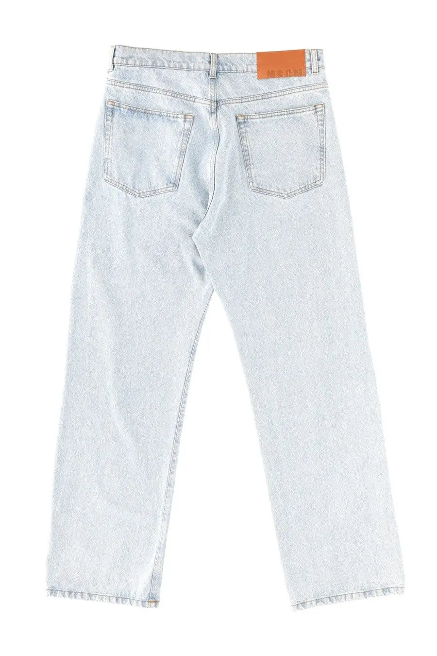 Blue light-wash denim jeans for men by MSGM with a straight-leg cut and an orange brand label on the waistband