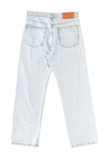 Blue light-wash denim jeans for men by MSGM with a straight-leg cut and an orange brand label on the waistband