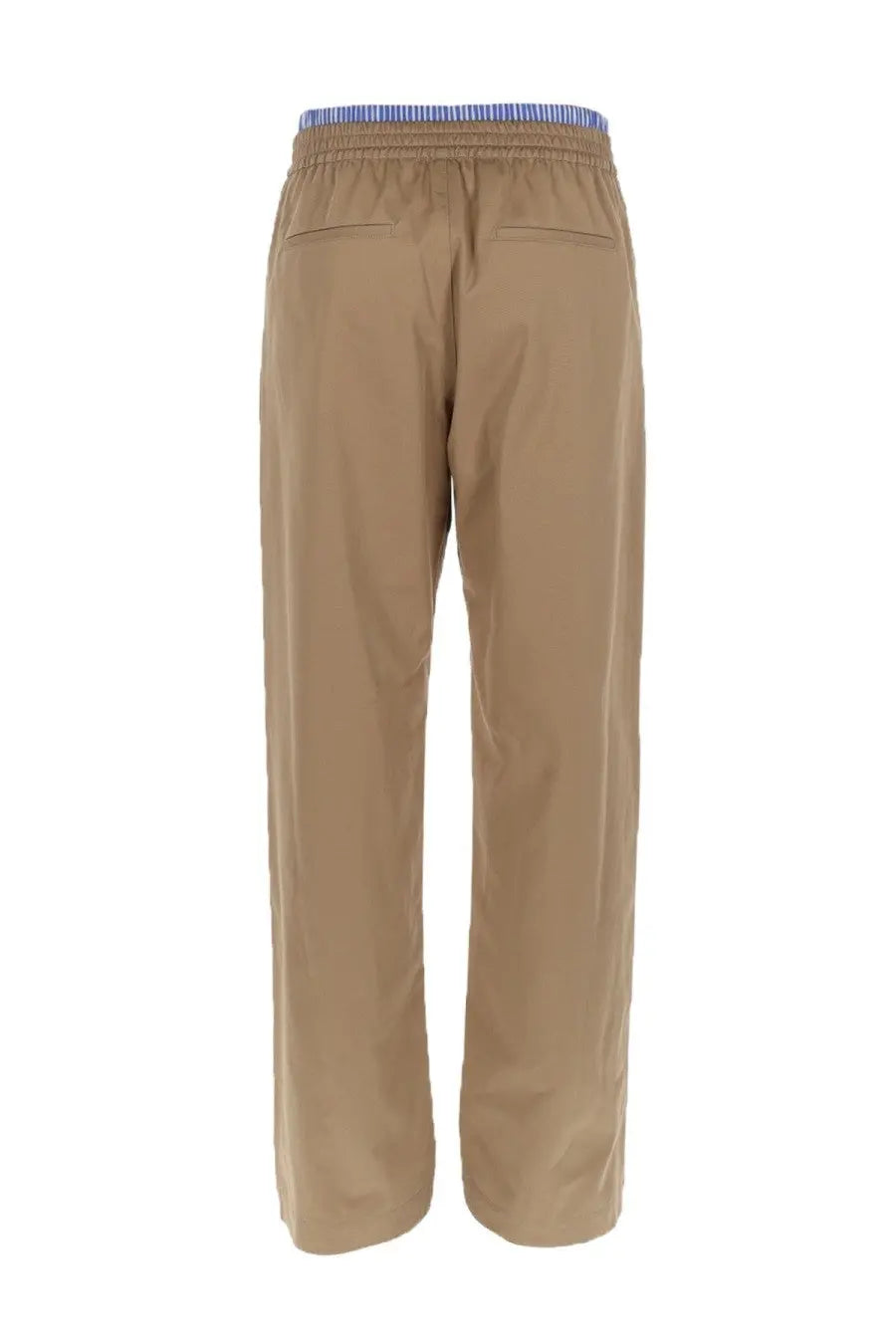 MSGM men’s beige cotton chino trousers with blue and white striped elastic waistband and double elastic feature