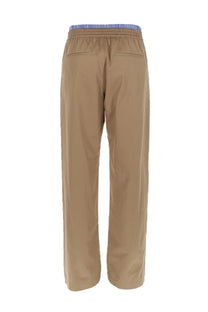 MSGM men’s beige cotton chino trousers with blue and white striped elastic waistband and double elastic feature