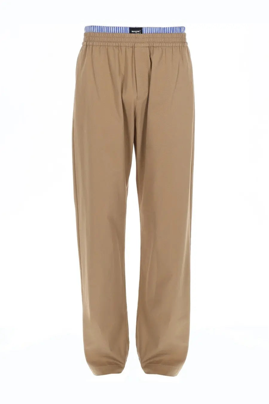 Beige cotton msgm men’s trousers with blue and white striped elastic waistband and double elastic detail