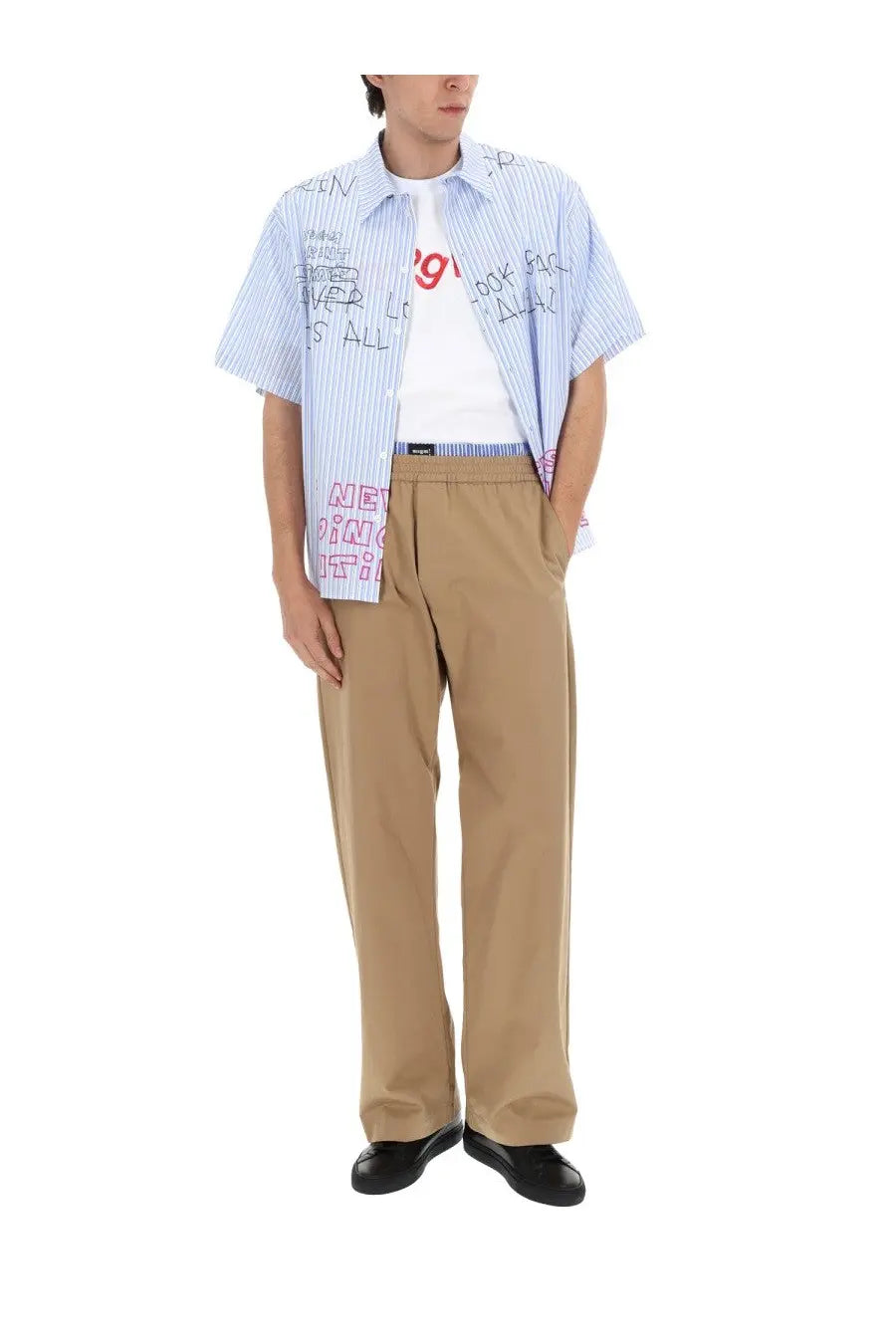 Light blue and white striped cotton short-sleeved shirt with handwritten text in red black and pink ink for men
