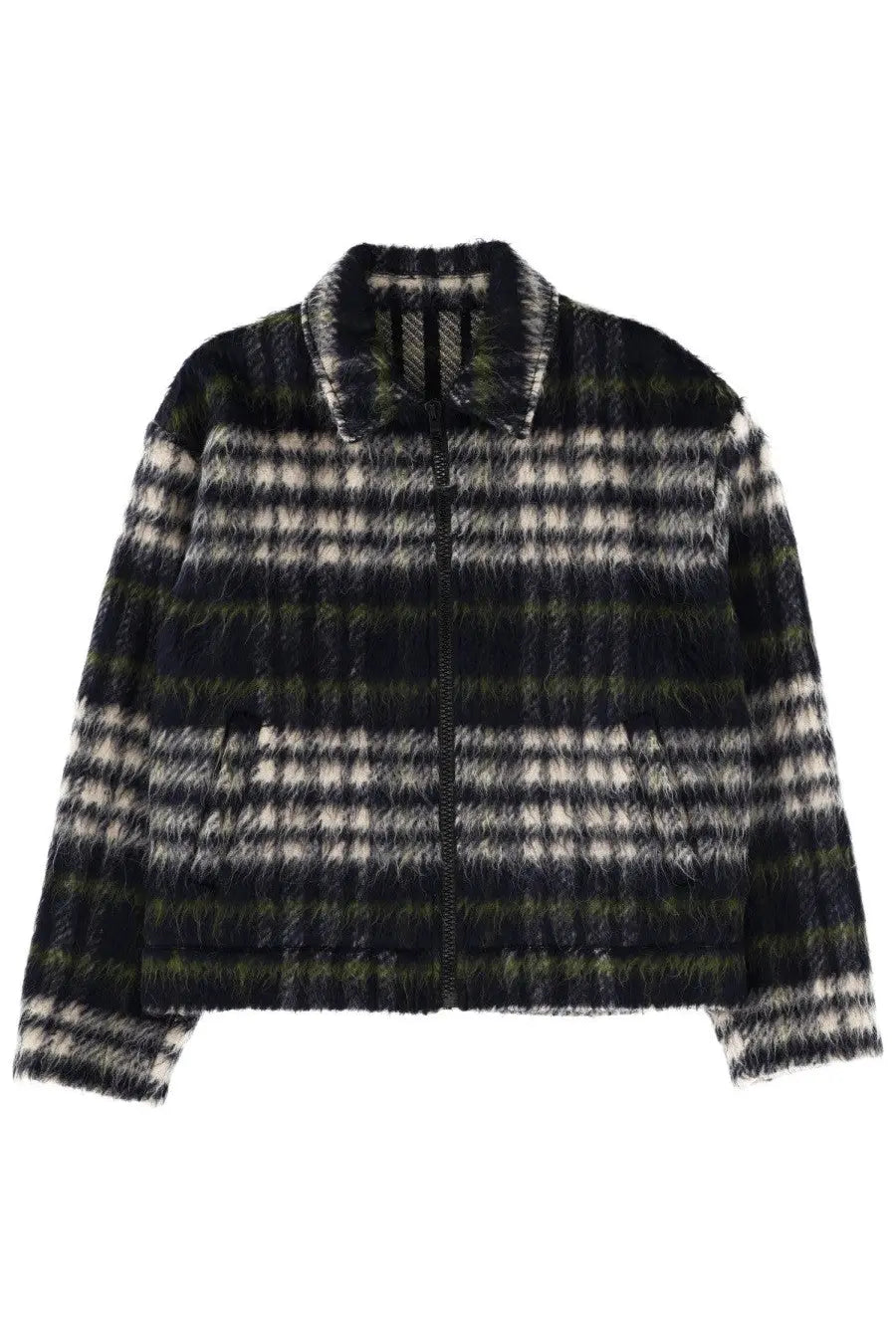 Msgm men’s pile jacket multicolor featuring a black and white plaid pattern with fuzzy textured fabric