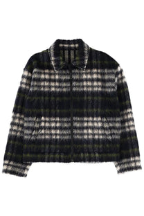 Msgm men’s pile jacket multicolor featuring a black and white plaid pattern with fuzzy textured fabric