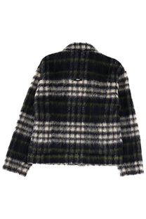 Msgm men’s pile jacket multicolor with black and white plaid wool blend and frayed texture front view