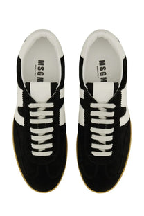 Msgm men’s retro sneaker black suede with classic athletic design, contrasting stripes, and tan rubber sole