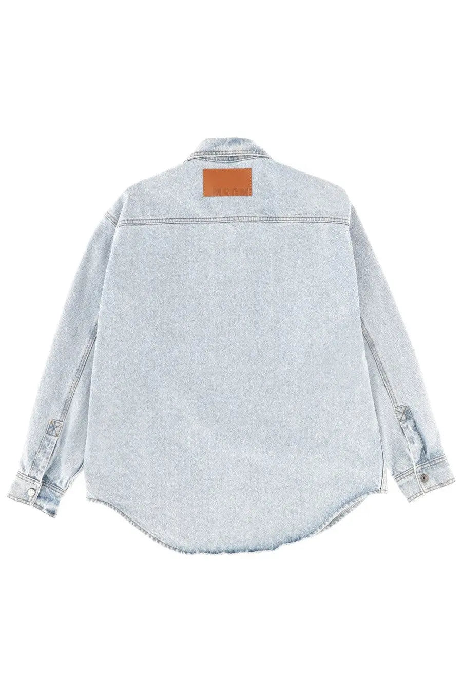 Msgm men’s light-wash denim shirt in blue with a brown leather patch at the collar