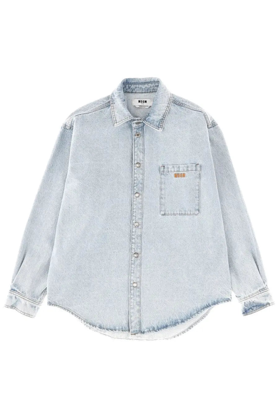 Msgm men’s light-wash denim button-up shirt with faded texture frayed hem and mcm logo on chest pocket