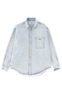 Msgm men’s light-wash denim button-up shirt with faded texture frayed hem and mcm logo on chest pocket