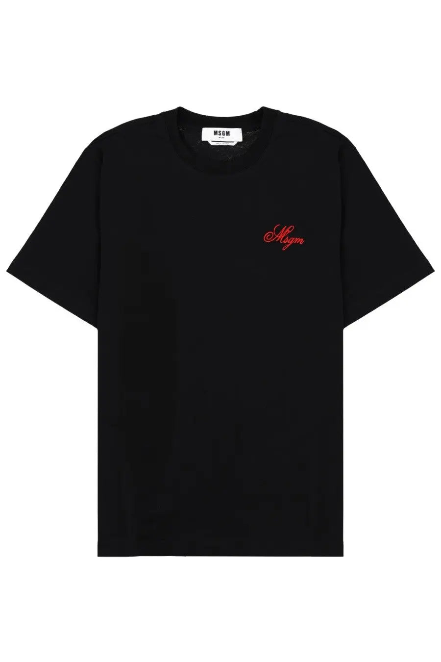 Black MSGM men’s t-shirt with red embroidered logo on left chest perfect for casual wear