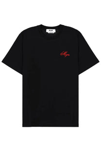 Black MSGM men’s t-shirt with red embroidered logo on left chest perfect for casual wear