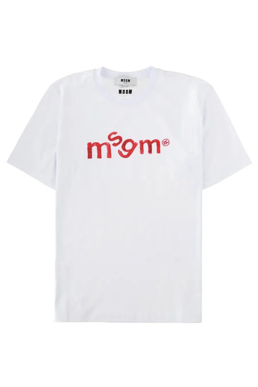 White MSGM men’s t-shirt with bold red embroidered logo across the chest in cotton material