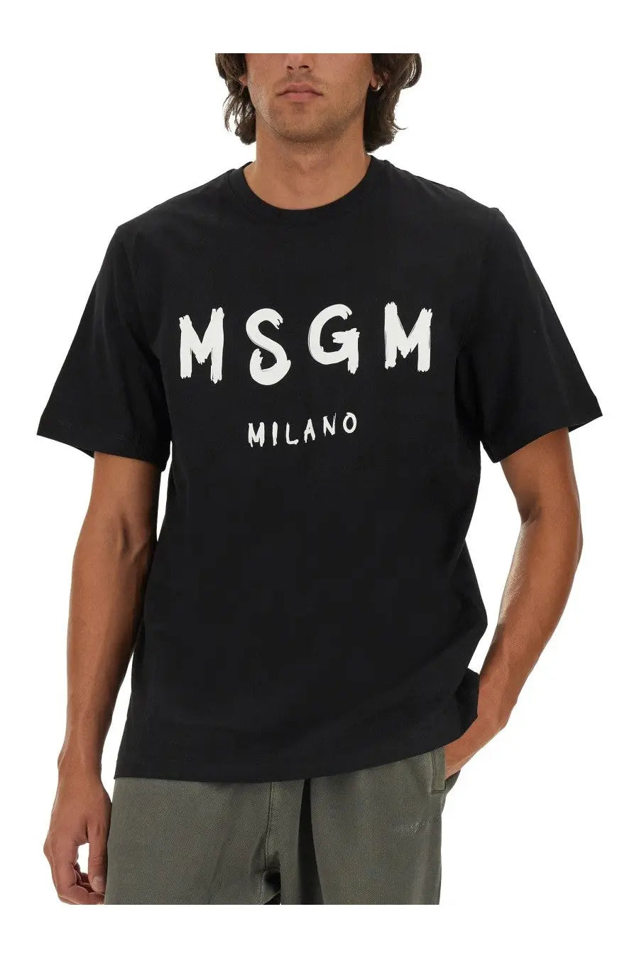 Black msgm milano t-shirt in cotone black with bold white lettering across the chest for men