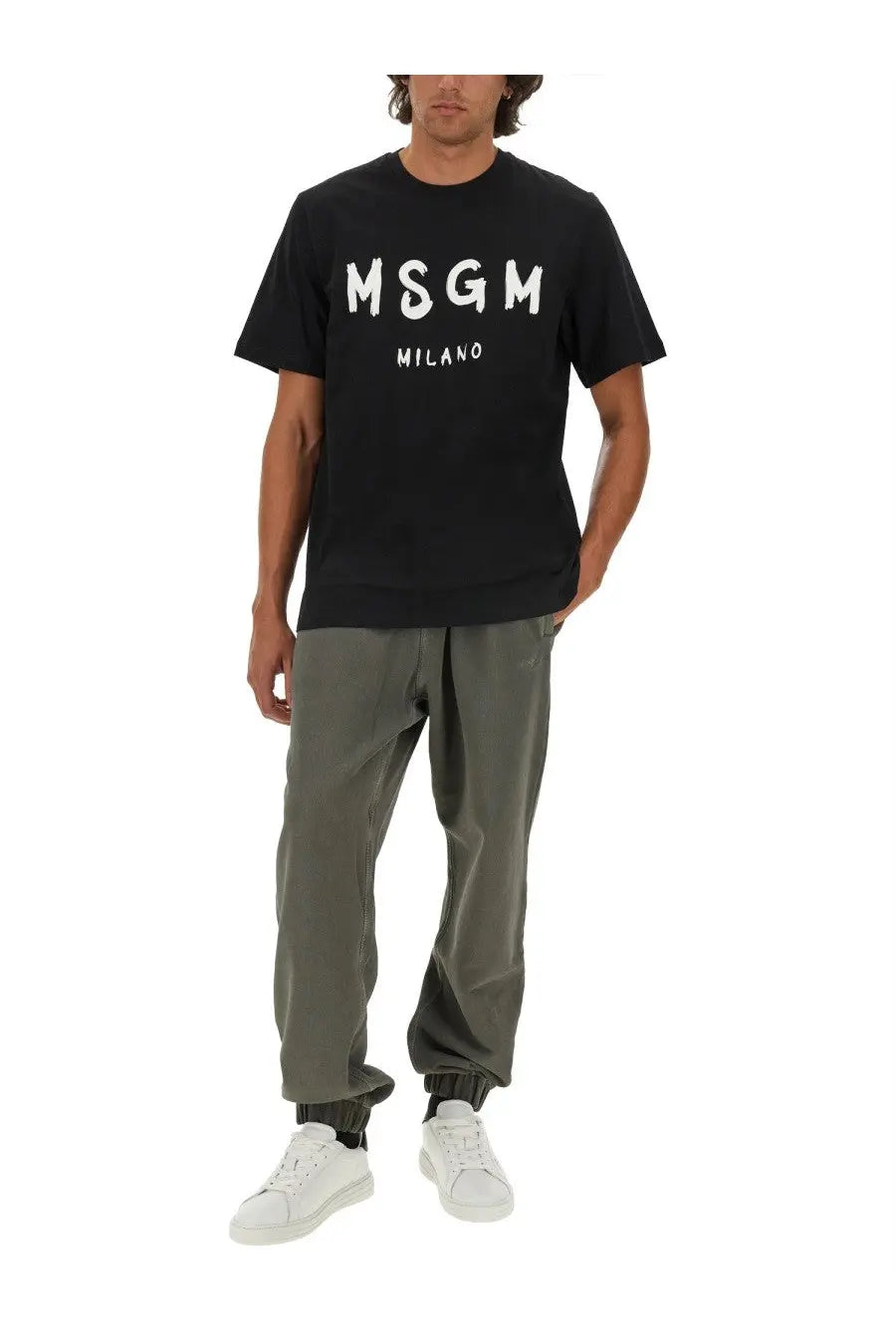 Black MSGM Milano cotton t-shirt for men with bold white lettering across the chest