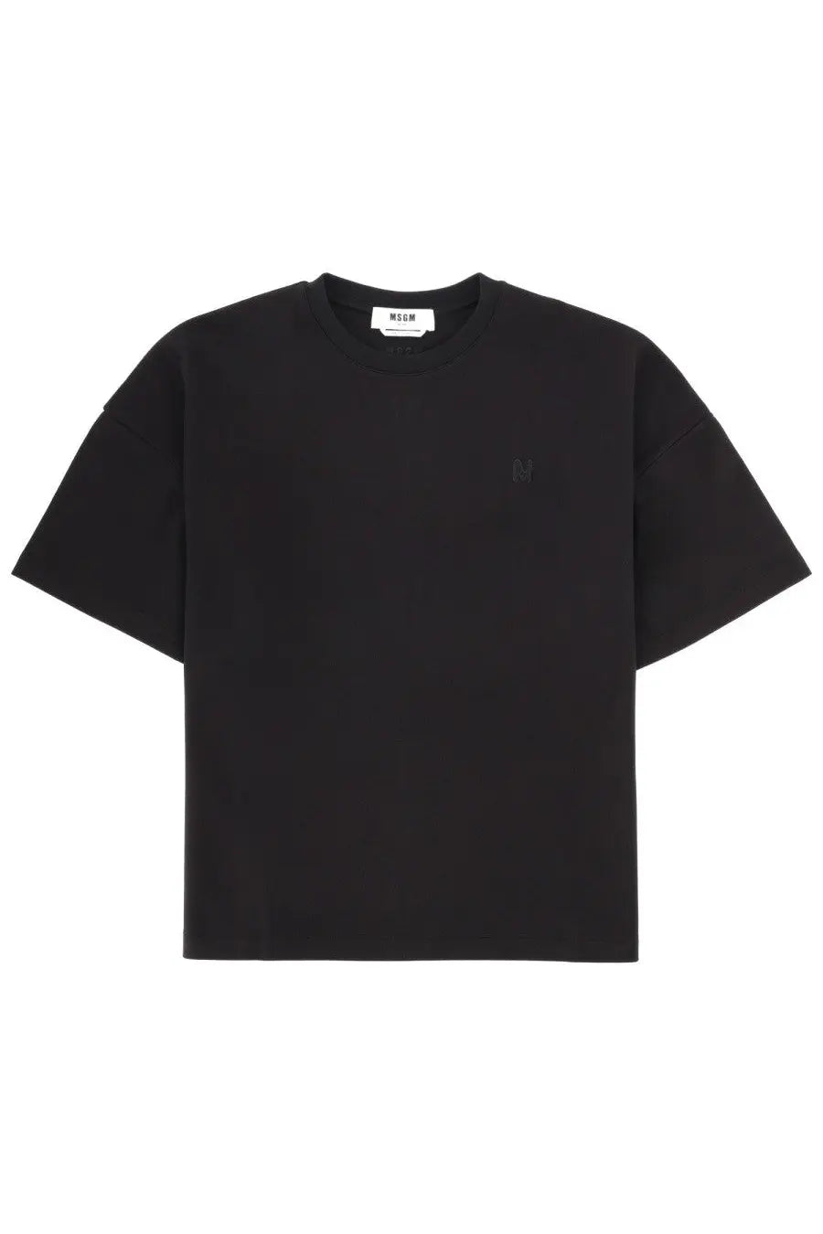 Msgm men’s black oversized crewneck cotton t-shirt with subtle embroidered logo and branded neckline tag