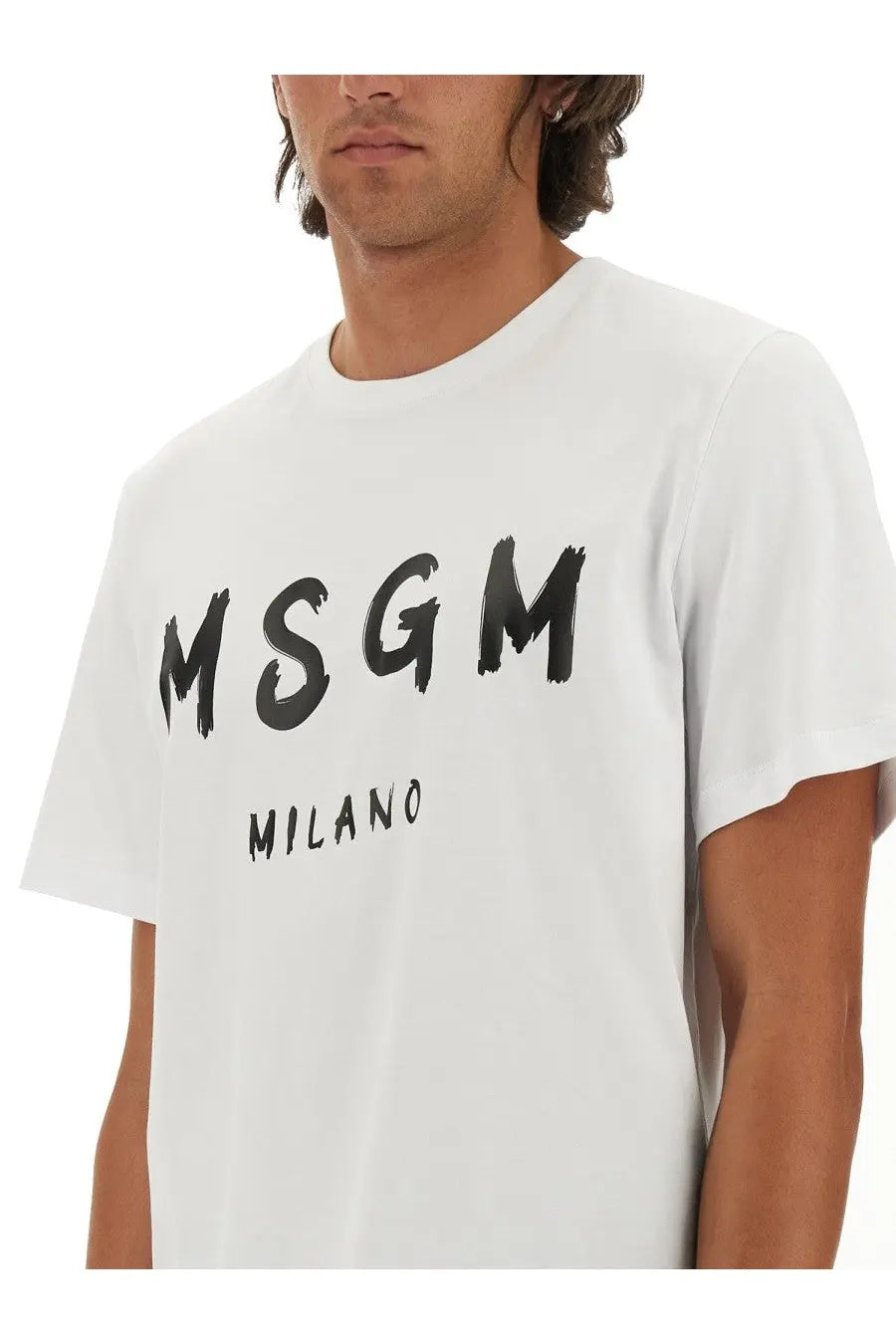 White msgm milano t-shirt in cotone with bold black brushstroke lettering on the front