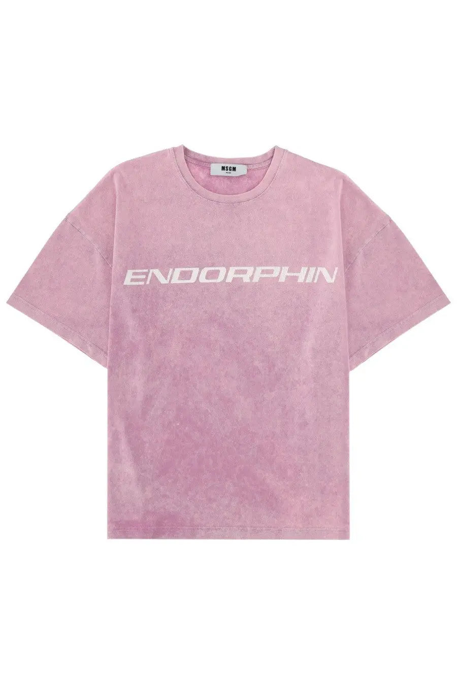 Msgm men’s pink distressed cotton t-shirt with white endorphin lettering across the chest