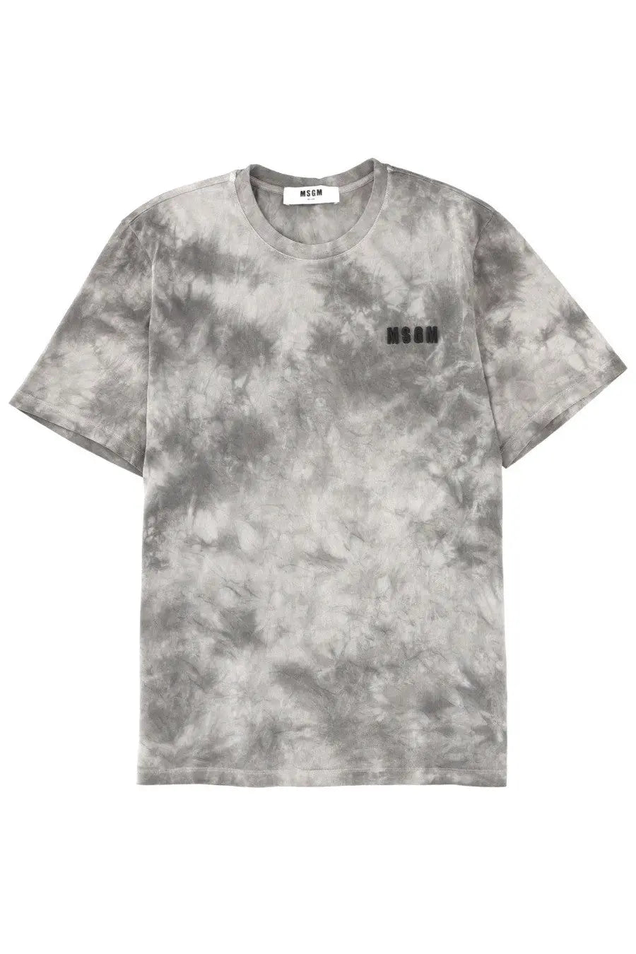 Msgm men’s gray tie-dye cotton t-shirt with black mschf logo on the chest and white collar tag