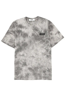 Msgm men’s gray tie-dye cotton t-shirt with black mschf logo on the chest and white collar tag
