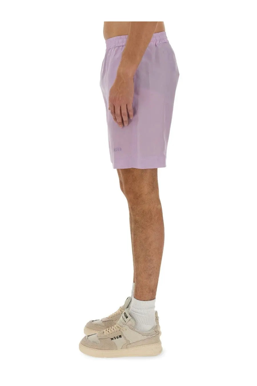 Lavender MSGM men’s athletic shorts with elastic waistband and subtle side brand logo for casual wear