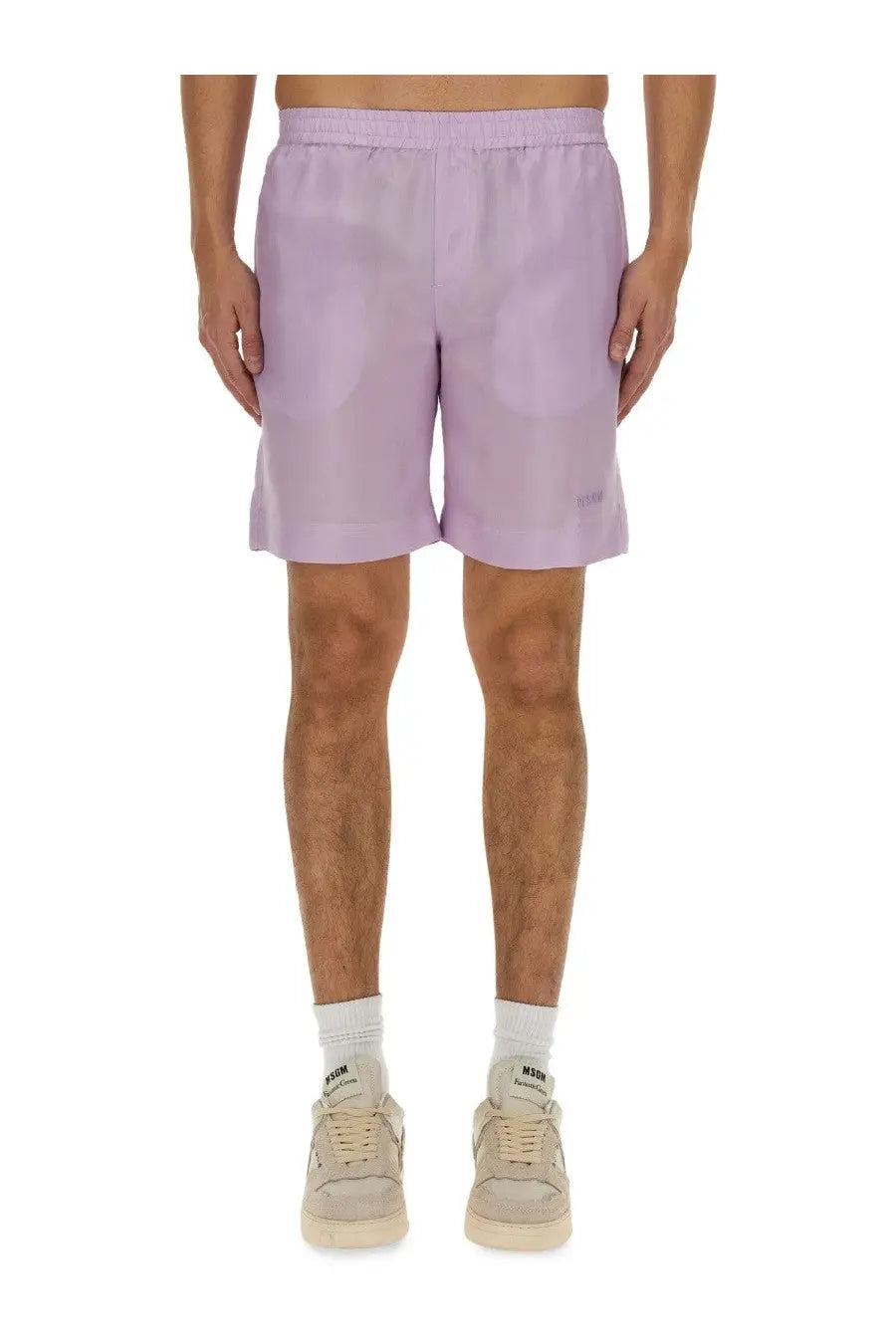Light purple MSGM men’s athletic shorts with relaxed fit and elastic waistband for casual or sportswear use